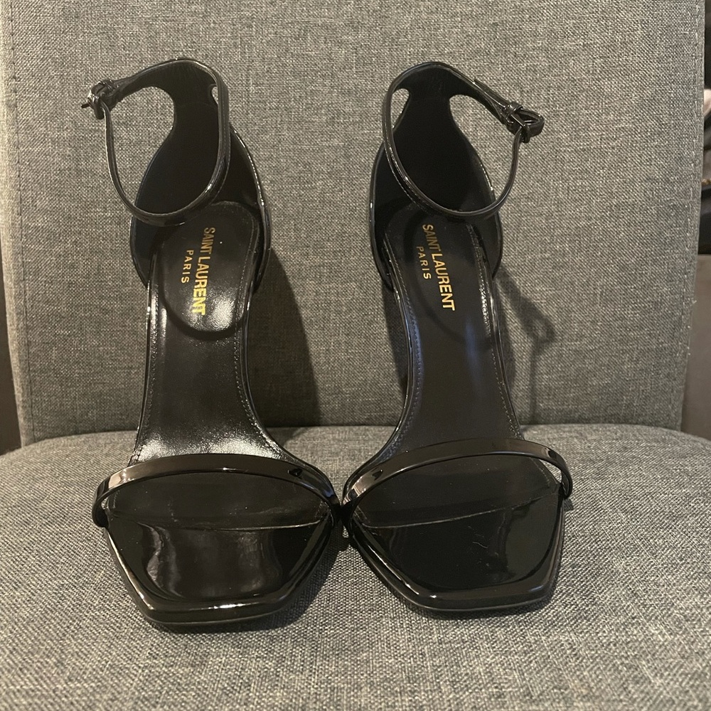 Opyum YSL Logo-Heel Sandals with Golden Hardware